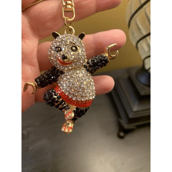 Dancing Panda Keychain Bejeweled Rhinestone Purse Jewelry Bling Clip Key Ring - Picture 3 of 5